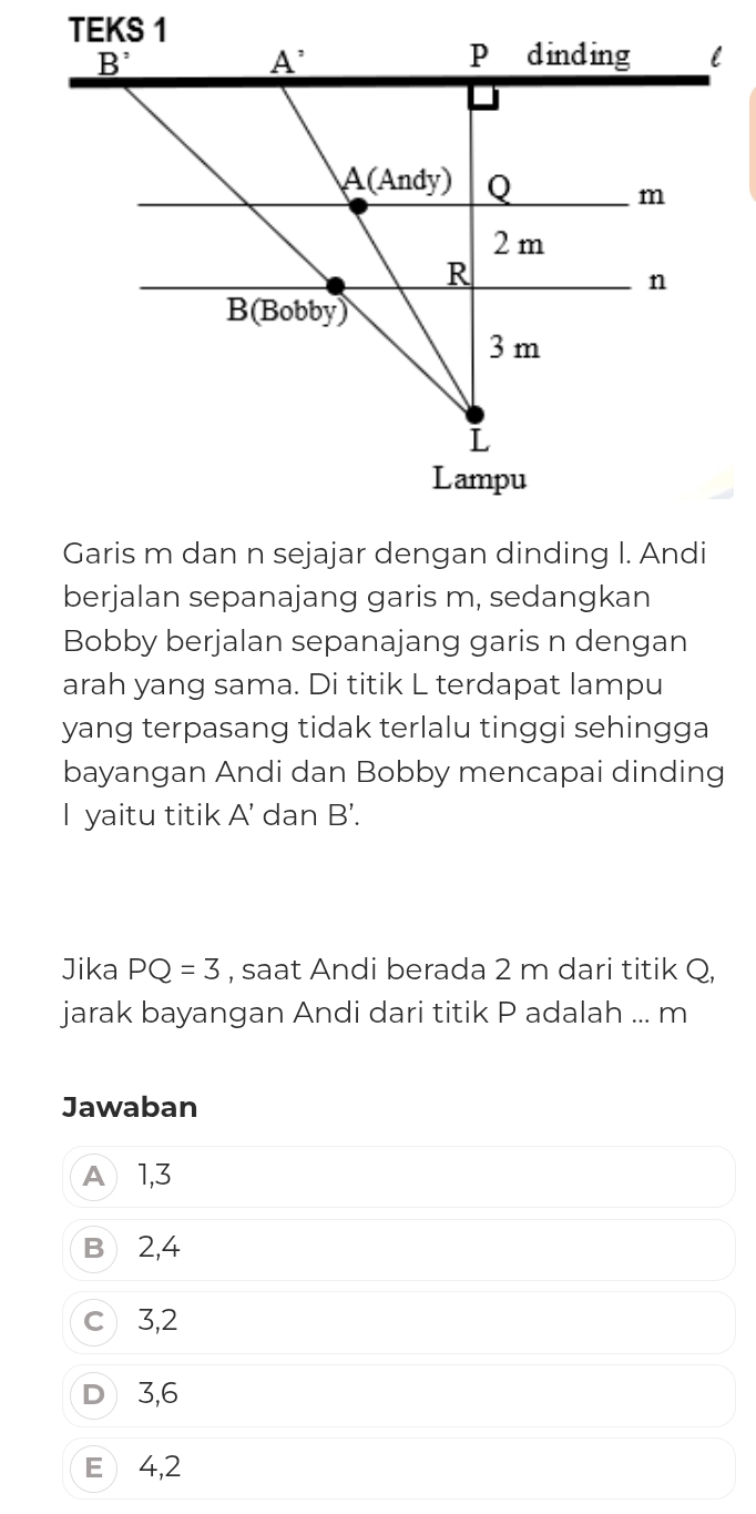 berjalan sepanajang garis m, sedangkan
Bobby berjalan sepanajang garis n dengan
arah yang sama. Di titik L terdapat lampu
yang terpasang tidak terlalu tinggi sehingga
bayangan Andi dan Bobby mencapai dinding
I yaitu titik A' dan B'.
Jika PQ=3 , saat Andi berada 2 m dari titik Q,
jarak bayangan Andi dari titik P adalah ... m
Jawaban
A 1,3
B 2,4
c 3,2
D 3,6
E 4,2