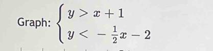 Graph: beginarrayl y>x+1 y<- 1/2 x-2endarray.