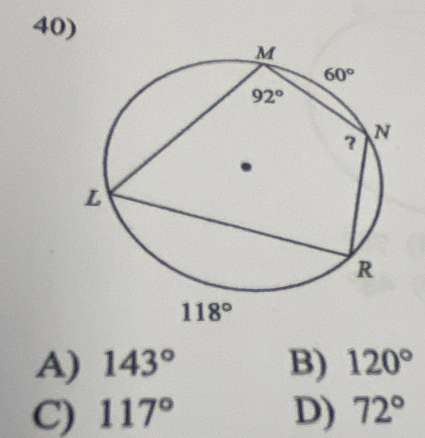 A) 143° B) 120°
C) 117° D) 72°