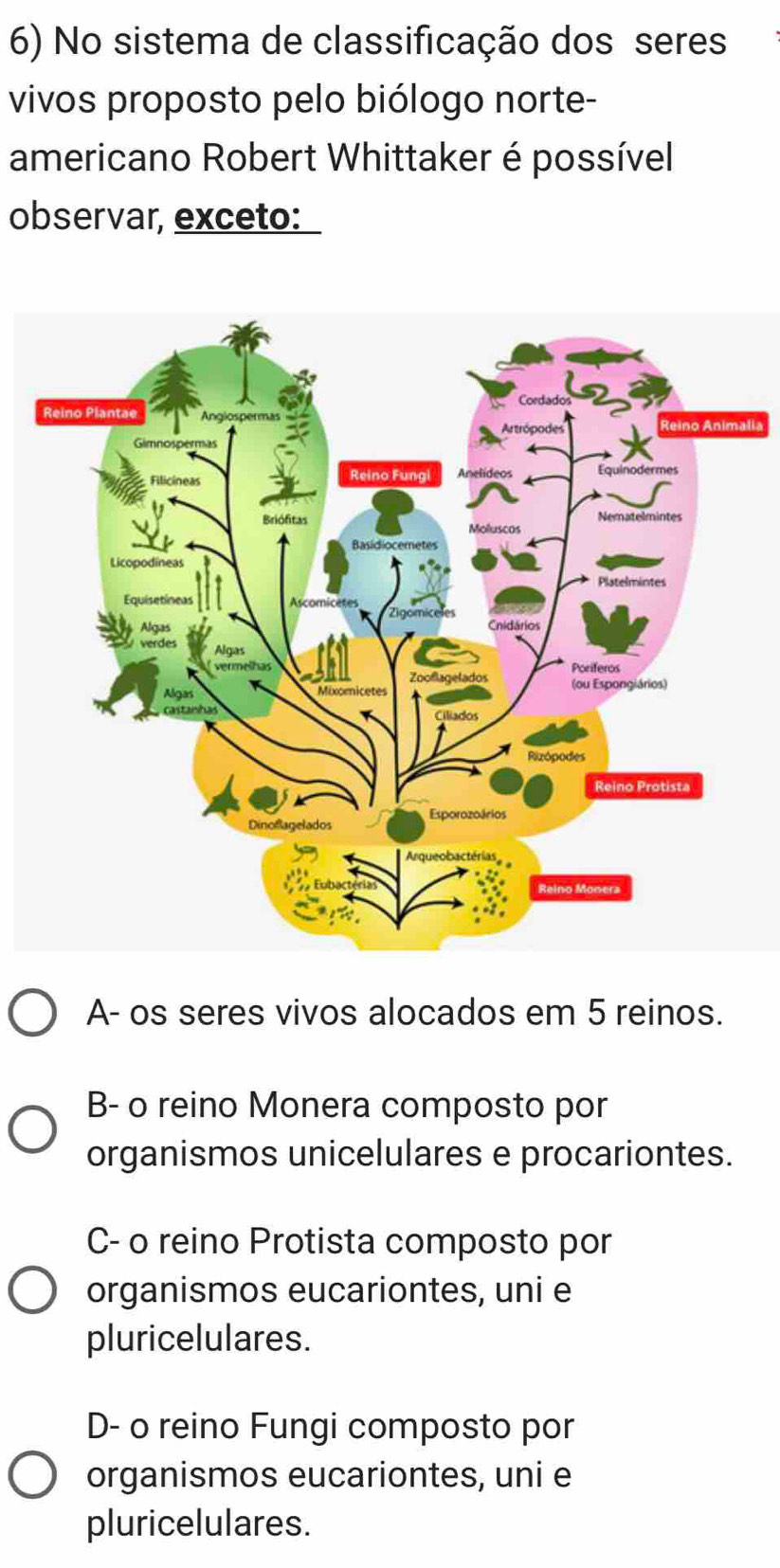 No sistema de classificação dos seres
vivos proposto pelo biólogo norte-
americano Robert Whittaker é possível
observar, exceto:
alia
A- os seres vivos alocados em 5 reinos.
B- o reino Monera composto por
organismos unicelulares e procariontes.
C- o reino Protista composto por
organismos eucariontes, uni e
pluricelulares.
D- o reino Fungi composto por
organismos eucariontes, uni e
pluricelulares.