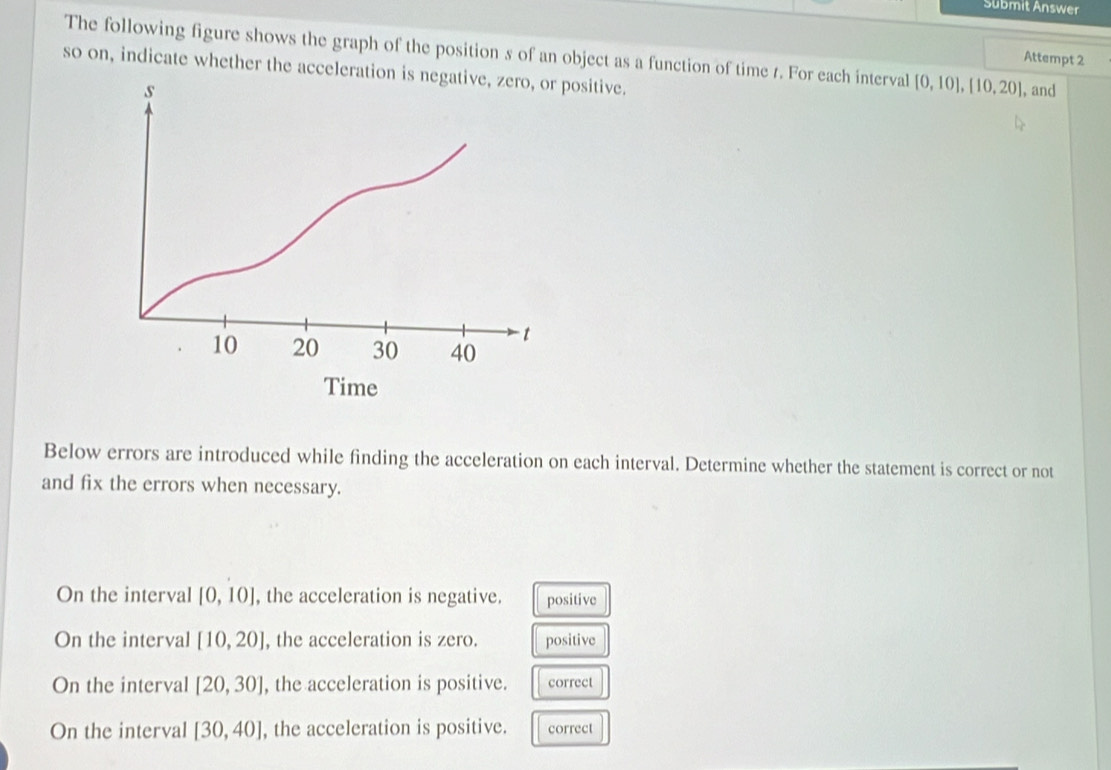 Submit Answer
The following figure shows the graph of the position s of an object as a function of time 1. For each interval [0,10], [10,20] , and
Attempt 2
so on, indicate whether the acceleration positive.
Below errors are introduced while finding the acceleration on each interval. Determine whether the statement is correct or not
and fix the errors when necessary.
On the interval [0,10] , the acceleration is negative. positive
On the interval [10,20] , the acceleration is zero. positive
On the interval [20,30] , the acceleration is positive. correct
On the interval [30,40] , the acceleration is positive. correct