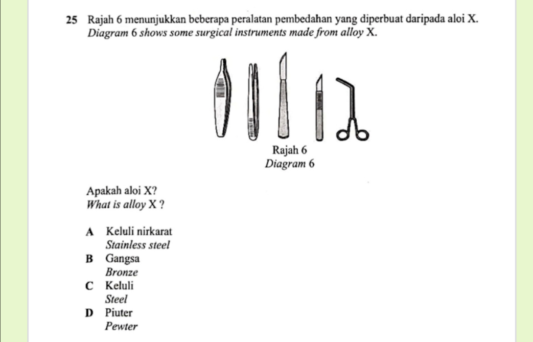 Rajah 6 menunjukkan beberapa peralatan pembedahan yang diperbuat daripada aloi X.
Diagram 6 shows some surgical instruments made from alloy X.
Rajah 6
Diagram 6
Apakah aloi X?
What is alloy X ?
A Keluli nirkarat
Stainless steel
B Gangsa
Bronze
C Keluli
Steel
D Piuter
Pewter