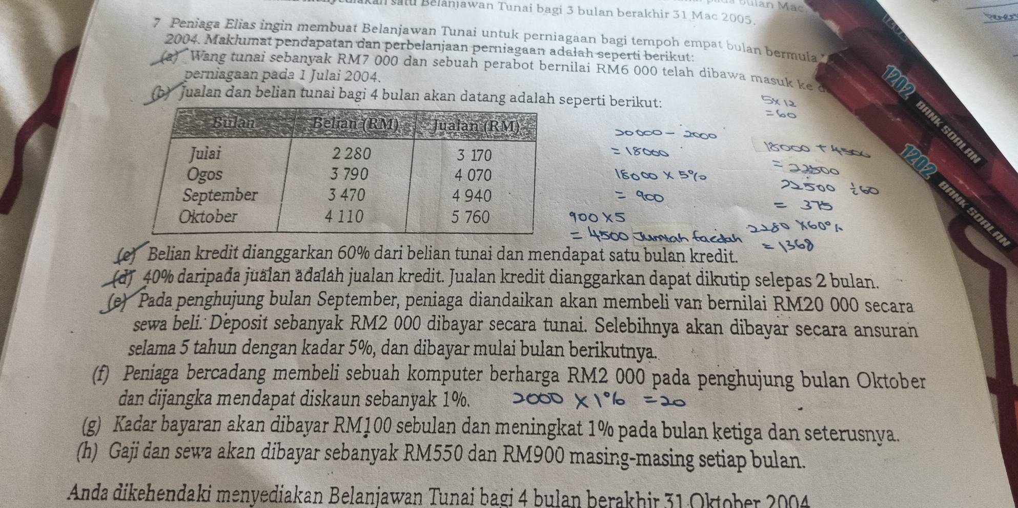 ulakan satu Belanjawan Tunai bagi 3 bulan berakhir 31 Mac 2005.
pener
7 Peniaga Elias ingin membuat Belanjawan Tunai untuk perniagaan bagi tempoh empat bulan bermula.
2004. Maklumat pendapatan dan perbelanjaan perniagaan adałah seperti berikut:
(a) Wang tunai sebanyak RM7 000 dan sebuah perabot bernilai RM6 000 telah dibawa masuk ke d B
perniagaan pada 1 Julai 2004.
(b) Jualan dan belian tunai bagi 4 bulan akan datang adalah seperti berikut:
   
ANK SOALA
1800
1202
BANK SOALA
(e) Belian kredit dianggarkan 60% dari belian tunai dan mendapat satu bulan kredit.
(d) 40% daripađa juälan ädaláh jualan kredit. Jualan kredit dianggarkan dapat dikutip selepas 2 bulan.
(e) Pada penghujung bulan September, peniaga diandaikan akan membeli van bernilai RM20 000 secara
sewa beli.  Deposit sebanyak RM2 000 dibayar secara tunai. Selebihnya akan dibayar secara ansuran
selama 5 tahun dengan kadar 5%, dan dibayar mulai bulan berikutnya.
(f) Peniaga bercadang membeli sebuah komputer berharga RM2 000 pada penghujung bulan Oktober
dan dijangka mendapat diskaun sebanyak 1%.
(g) Kadar bayaran akan dibayar RM100 sebulan dan meningkat 1% pada bulan ketiga dan seterusnya.
(h) Gaji dan sewa akan dibayar sebanyak RM550 dan RM900 masing-masing setiap bulan.
Anda dikehendaki menyediakan Belanjawan Tunai bagi 4 bulan berakhir 31 Oktober 2004