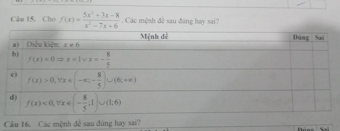 Cho f(x)= (5x^2+3x-8)/x^2-7x+6 . Các mệnh để sau đúng hay sai?
Câu 16. Các mệnh đề sau đúng hay sai?
Dúng Sai