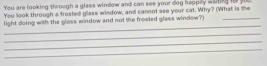 You are looking through a glass window and can see your dog happily waiting for you. 
You look through a frosted glass window, and cannot see your cat. Why? (What is the 
_ 
light doing with the glass window and not the frosted glass window?)_ 
_ 
_ 
_