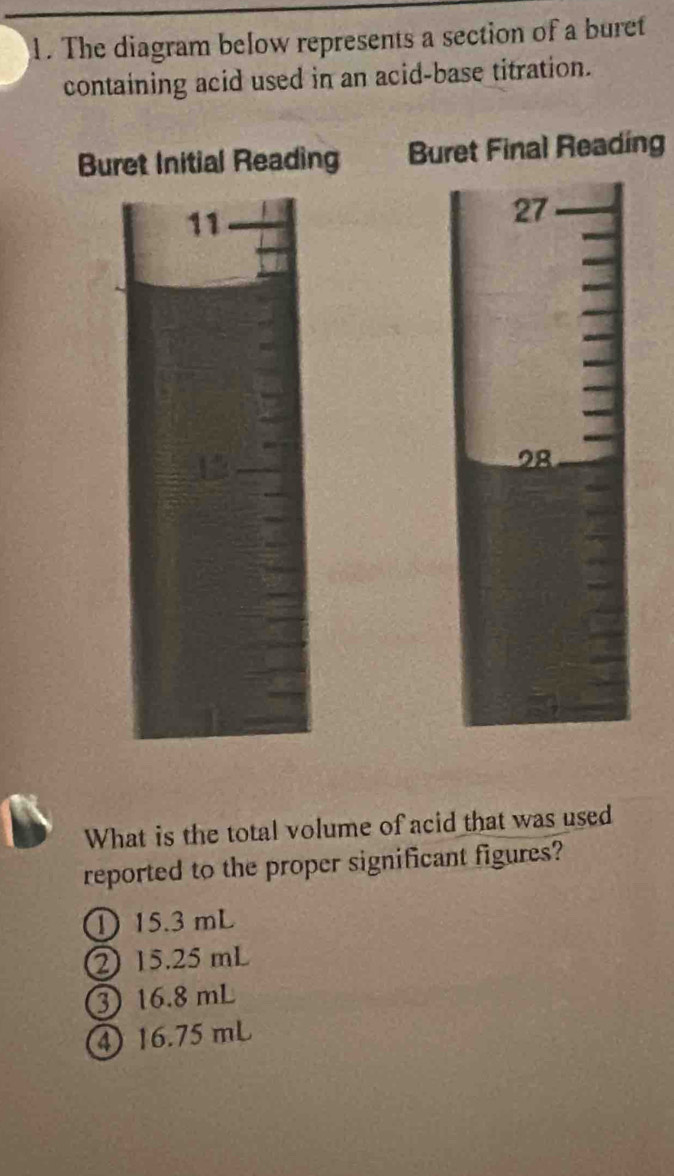 The diagram below represents a section of a buret
containing acid used in an acid-base titration.
Buret Initial Reading Buret Final Reading
11
27
28
What is the total volume of acid that was used
reported to the proper significant figures?
① 15.3 mL
② 15.25 mL
③ 16.8 mL
④ 16.75 mL