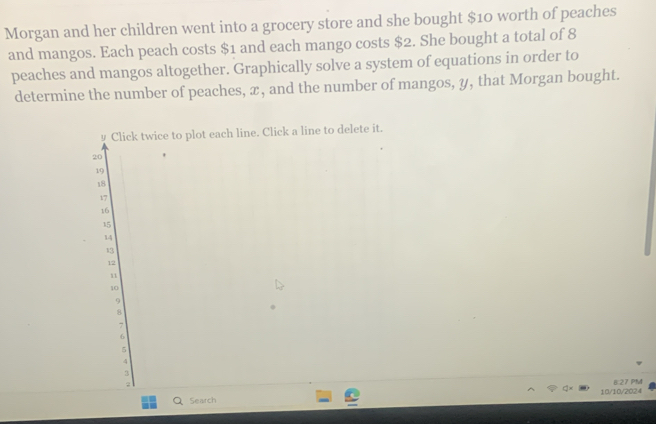 Morgan and her children went into a grocery store and she bought $10 worth of peaches 
and mangos. Each peach costs $1 and each mango costs $2. She bought a total of 8
peaches and mangos altogether. Graphically solve a system of equations in order to 
determine the number of peaches, x, and the number of mangos, y, that Morgan bought. 
8:27 PM 
Search10/10/2024