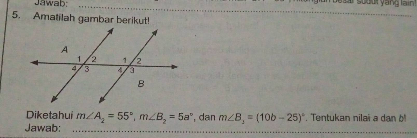 Jawab: 
besar sudut yang lain 
5. Amatilah gambar berikut! 
Diketahui m∠ A_2=55°, m∠ B_2=5a° , dan m∠ B_3=(10b-25)^circ . Tentukan nilai a dan b! 
Jawab: