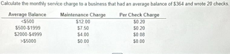 Calculate the monthly service charge to a business that had an average balance of $364 and wrote 20 checks.