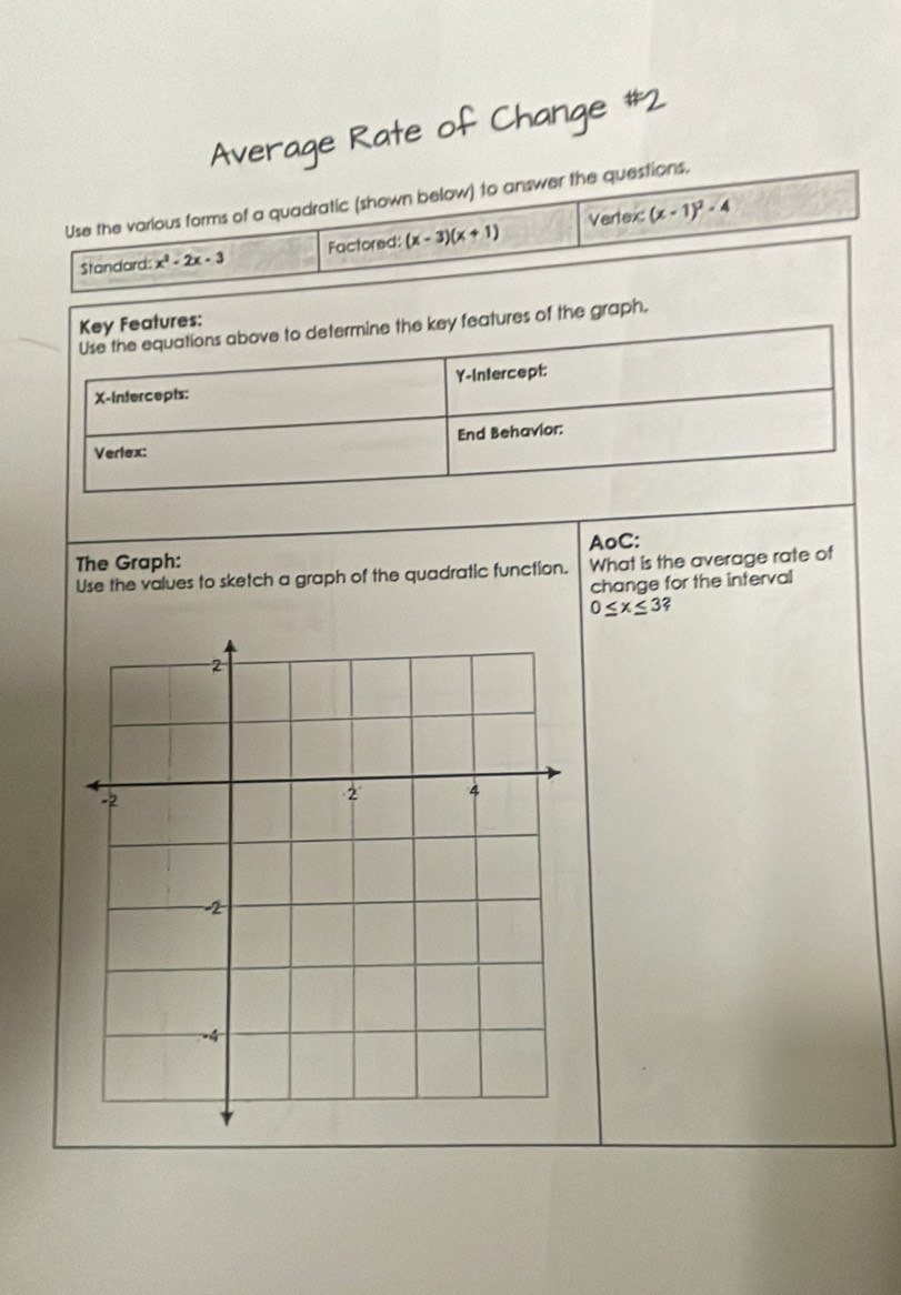 Average 
Use the various forms of a quadratic (shown below) to answer the questions. 
Standard x^2-2x-3 Factored: (x-3)(x+1) Vertex (x-1)^2-4
Key Features: 
Use the equations above to determine the key features of the graph, 
X-Intercepts: Y-Intercept: 
Verlex: End Behavior: 
The Graph: AoC: 
Use the values to sketch a graph of the quadratic function. What is the average rate of 
change for the interval
0≤ x≤ 3