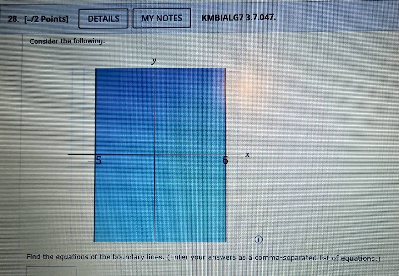 DETAILS MY NOTES KMBIALG7 3.7.047. 
Consider the following. 
Find the equations of the boundary lines. (Enter your answers as a comma-separated list of equations.)