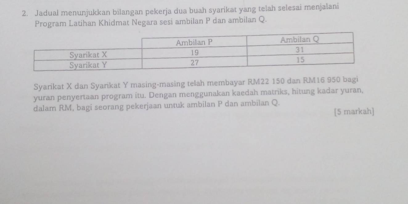 Jadual menunjukkan bilangan pekerja dua buah syarikat yang telah selesai menjalani 
Program Latihan Khidmat Negara sesi ambilan P dan ambilan Q. 
Syarikat X dan Syarikat Y masing-masing telah membayar RM22 150 dan RM16 950 bagi 
yuran penyertaan program itu. Dengan menggunakan kaedah matriks, hitung kadar yuran, 
dalam RM, bagi seorang pekerjaan untuk ambilan P dan ambilan Q. 
[5 markah]