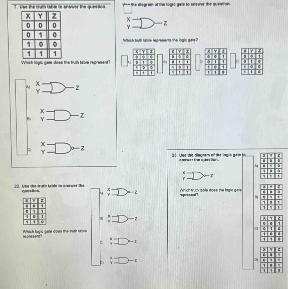 Use the truth table to answer the question. Ve_ the diagram of the logic gate to answer the question.
□
Y
z
Which truth table represents the logic gate?
x Y z × Y z x Y z x Y z
0 0 0 0 0 0 0 0 a 0 0 1
Which logic gate does the truth table represent? 0 1 0 B) 0 1 1 0 1 1 D) 0 1 0
0 0 1 0 1 1 0 1 1 0 0
1 1 1 1 1 1 1 1 0 1 1 0
A beginarrayr x yendarray beginarrayr □  □ endarray -2
B) beginarrayr x yendarray =□ -z
C beginarrayr x yendarray =□°-z
23. Use the diagram of the logic gate to 
answer the question. 
A
x
Y □ x-z
22. Use the truth table to answer the
question. Which truth table does the logic gate 
A) beginarrayr x yendarray =□^(circ -z)
represent?
B)
B) beginarrayr x yendarray □  y-□ endarray.
C)
Which logic gate does the truth table 
represent? 
C) beginarrayr x yendarray =□°-z
D) beginarrayr x yendarray =□ -z
D)