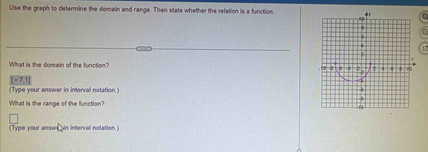 Use the graph to determine the domain and range. Then state whether the relation is a function. 
a 
z 
What is the domain of the function?
[-7,1]
(Type your answer in interval notation.) 
What is the range of the function? 
(Type your answe in interval notation.)