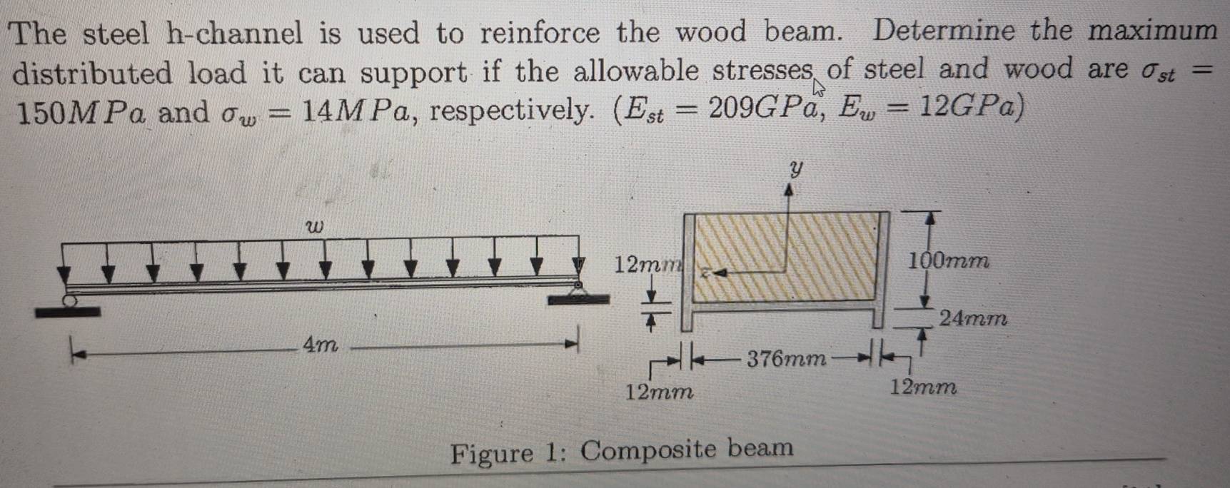 The steel h-channel is used to reinforce the wood beam. Determine the maximum 
distributed load it can support if the allowable stresses of steel and wood are sigma _st=
150M Pa and sigma _w=14MPa , respectively. (E_st=209GPa,E_w=12GPa)
w
4m
Figure 1: Composite beam