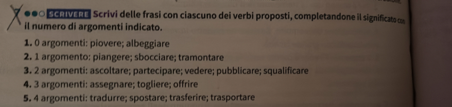 ●●0 Scnivene Scrivi delle frasi con ciascuno dei verbi proposti, completandone il significato con 
il numero di argomenti indicato. 
1. 0 argomenti: piovere; albeggiare 
2. 1 argomento: piangere; sbocciare; tramontare 
3. 2 argomenti: ascoltare; partecipare; vedere; pubblicare; squalificare 
4. 3 argomenti: assegnare; togliere; offrire 
5. 4 argomenti: tradurre; spostare; trasferire; trasportare