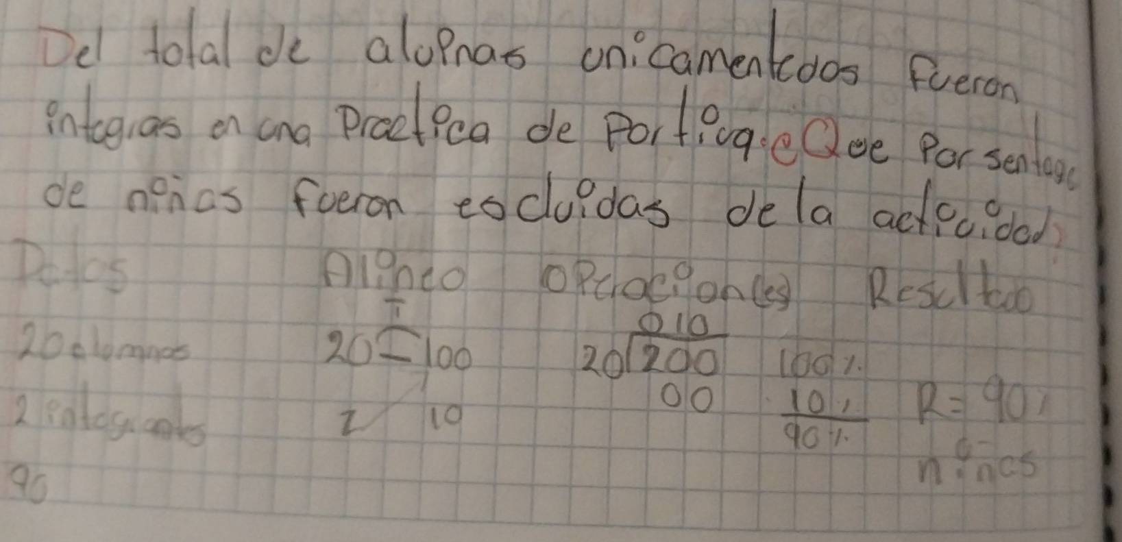 Del tolal de alopnas on:camentoos Fveron 
interes on ana Proctpea de PortivqeOee Por senies 
de neias furon eocluidas dela adtecidad 
Potos Aighco ORcoc?on(s Resultao 
20dlmmes
20=100
2 80t0s.6 I 10
beginarrayr 010 20encloselongdiv 200 00endarray beginarrayr 10007 101 hline 90% endarray R=90x
96
n^6ncs