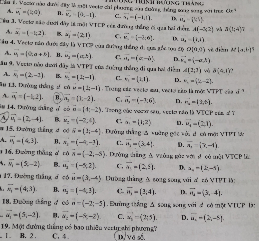 lưổng Trình đường tháng
Cầu 1. Vectơ nào dưới đây là một vectơ chỉ phương của đường thẳng song song với trục Ox?
A. vector u_1=(1;0). B. vector u_2=(0;-1). C. vector u_3=(-1;1). D. vector u_4=(1;1).
Cầu 3. Vectơ nào dưới đây là một VTCP của đường thẳng đi qua hai điểm A(-3;2) và B(1;4) ?
A. vector u_1=(-1;2). B. vector u_2=(2;1). C. vector u_3=(-2;6). D. vector u_4=(1;1).
Câu 4. Vectơ nào dưới đây là VTCP của đường thẳng đi qua gốc tọa độ O(0;0) và điểm M(a;b) ?
A. vector u_1=(0;a+b). B. vector u_2=(a;b). C. vector u_3=(a;-b). D. vector u_4=(-a;b).
ầu 9. Vectơ nào dưới đây là VTPT của đường thẳng đi qua hai điểm A(2;3) và B(4;1) ?
A. vector n_1=(2;-2). B. vector n_2=(2;-1). C. vector n_3=(1;1). D. vector n_4=(1;-2).
ầu 13. Đường thẳng d c6vector u=(2;-1). Trong các vectơ sau, vectơ nào là một VTPT của d ?
A. vector n_1=(-1;2). B. vector n_2=(1;-2). C. vector n_3=(-3;6). D. vector n_4=(3;6).
iu 14. Đường thẳng d c6vector n=(4;-2). Trong các vectơ sau, vectơ nào là VTCP của d ?
A vector u_1=(2;-4). B. vector u_2=(-2;4). C. vector u_3=(1;2). D. vector u_4=(2;1).
u 15. Đường thắng d coii=(3;-4). Đường thẳng △ v uông góc với đ có một VTPT là:
A. vector n_1=(4;3). B. vector n_2=(-4;-3). C. vector n_3=(3;4). D. vector n_4=(3;-4).
* 16. Đường thẳng đ có vector n=(-2;-5). Đường thẳng △ n lông góc với đ có một VTCP là:
A. vector u_1=(5;-2). B. vector u_2=(-5;2). C. vector u_3=(2;5). D. vector u_4=(2;-5).
17. Đường thắng đ có vector u=(3;-4). Đường thắng △ song 6 song với đ có VTPT là:
A. vector n_1=(4;3). B. vector n_2=(-4;3). C. vector n_3=(3;4). D. vector n_4=(3;-4).
18. Đường thắng d có vector n=(-2;-5). Đường thẳng △ song song với đ có một VTCP là:. vector u_1=(5;-2). B. vector u_2=(-5;-2). C. vector u_3=(2;5). D. vector u_4=(2;-5).
19. Một đường thắng có bao nhiêu vectơ chi phương?. 1 . B. 2 . C. 4 . D, Vô số.