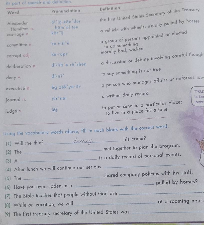 its part of speech and definition. 
Word Pronunciation Definition 
Alexander āi īg zān dər the first United States Secretary of the Treasury 
a vehicle with wheels, usually pulled by horses 
Hamilton n. hǎm el ten 
carriage n. kär ǐj 
committee n. ke mǐt ē 
a group of persons appointed or elected 
to do something 
morally bad; wicked 
corrupt adj. ke rǔpt' 
deliberation n. dǐ lǐb e rā shən a discussion or debate involving careful though 
deny v. dǐ nī' 
to say something is not true 
executive n. ěg zěk yə tǐv a person who manages affairs or enforces law 
a written daily record 
TRU 
journal n. jûr'nəl 
is th 
lodge v. lõj 
to put or send to a particular place; over 
_ 
to live in a place for a time 
Using the vocabulary words above, fill in each blank with the correct word. 
(1) Will the thief _his crime? 
(2) The _met together to plan the program. 
_ 
(3) A _is a daily record of personal events. 
(4) After lunch we will continue our serious . 
(5) The _shared company policies with his staff. 
_ 
(6) Have you ever ridden in a _pulled by horses? 
(7) The Bible teaches that people without God are 
(8) While on vacation, we will _at a rooming house 
(9) The first treasury secretary of the United States was_