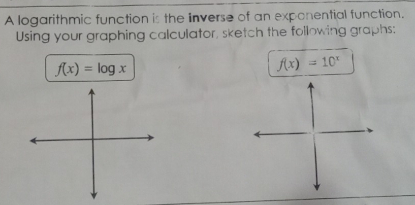 A logarithmic function is the inverse of an exponential function. 
Using your graphing calculator, sketch the following graphs:
f(x)=log x
f(x)=10^x