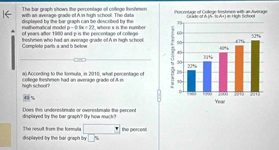 The bar graph shows the percentage of college freshmen
with an average grade of A in high school. The data 
displayed by the bar graph can be described by the
mathematical model p-0.9x=22 , where x is the number
of years after 1980 and p is the percentage of college 
freshmen who had an average grade of A in high school.
Complete parts a and b below. 
a) According to the formula, in 2010, what percentage of
college freshmen had an average grade of A in
high school?
49 %
Does this underestimate or overestimate the percent
displayed by the bar graph? By how much?
The result from the formula □  the percent
displayed by the bar graph by □ %