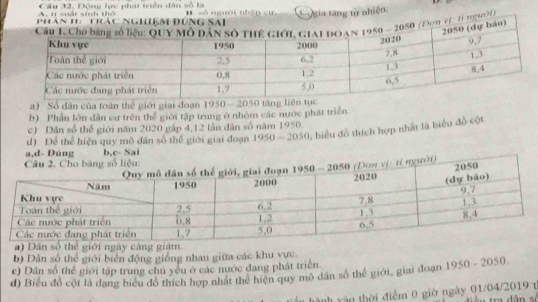 Câu 32, Động lực phát triển dân số là
A. ti suất sinh thổ D số người nhập cự
Cogia tăng từ nhiện
ười)
a) Số dân của toàn thế giới giai đoạn . 1950-2050
b) Phần lớn dân cư trên thể giới tập trung ở nhỏm các nước phát triển
c) Dân số thế giới năm 2020 gập 4, 12 lần dân số năm 1950.
d) Dể thể hiện quy mô dân số thế giới giai đoạn 1950=2050 , biểu đồ thích hợp nhất là biểu đồ cột
a) Dân số th giới ngày cảng giám.
b) Dân số thể giới biển động giống nhau giữa các khu vực.
c) Dân số thể giới tập trung chủ yêu ở các nước đang phát triển
d) Biểu đồ cột là dạng biểu đồ thích hợp nhất thể hiện quy mô dân số thể giới, giai đoạn 1950 - 2050.
tành vàn thời điểm 0 giờ ngày 01/04/2019 1