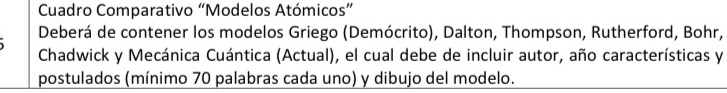 Cuadro Comparativo “Modelos Atómicos” 
Deberá de contener los modelos Griego (Demócrito), Dalton, Thompson, Rutherford, Bohr, 
Chadwick y Mecánica Cuántica (Actual), el cual debe de incluir autor, año características y 
postulados (mínimo 70 palabras cada uno) y dibujo del modelo.