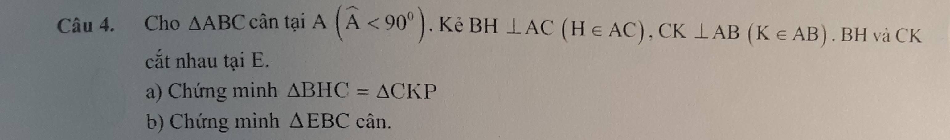 Cho △ ABC cân tại A(widehat A<90^0). Kẻ BH⊥ AC(H∈ AC), CK⊥ AB(K∈ AB). BH và CK
cắt nhau tại E. 
a) Chứng minh △ BHC=△ CKP
b) Chứng minh △ EBCca n.