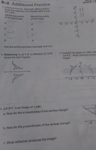 6=2 Additional Practice
3. Leveled Prectice Rectangle ABCD is shown.
Draw the reflection of rectangle ABCD across
the y-axis. 
Identify the points identify the points
_
of the pre-image of the image.
_
A A'
8 B^4
、
C
C'
_
D
D'
Plot the points and draw rectangle A'B'C'D'.
2. Reasoning Is △ E'F'G' a reflection of △ EFG 3. Consider the graph of △ ABC and
△ A'B'C'
across the line? Explain. image? . What reflection produ
G
G' F
E'
1. △ A'B'C' is an image of △ ABC.
A  
#. How do the x-coordinates of the vertices change?
b. How do the y-coordinates of the vertices change? -A .
c. What reflection produces the image?