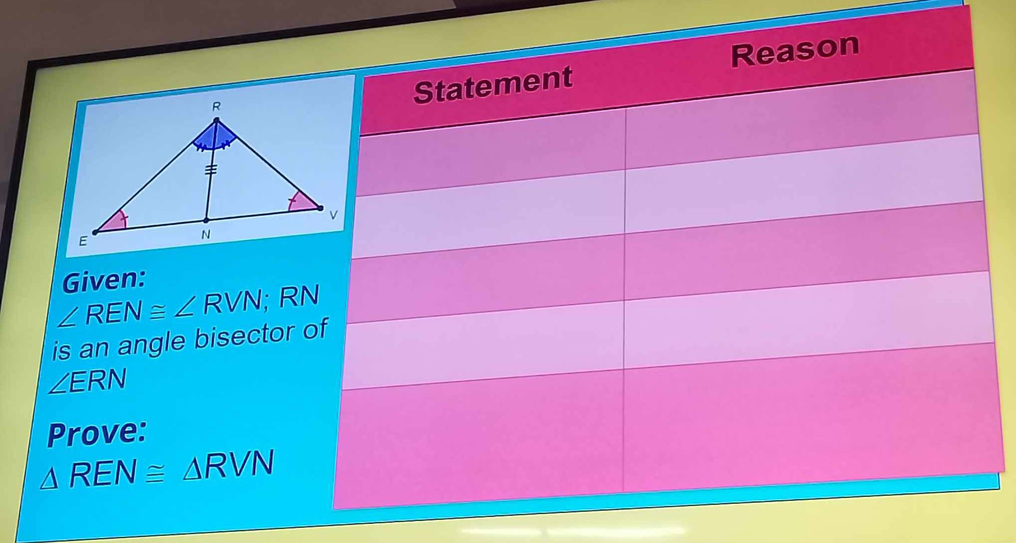 Given:
∠ REN≌ ∠ RVN;R
is an angle bisector
∠ ERN
Prove:
△ REN≌ △ RVN