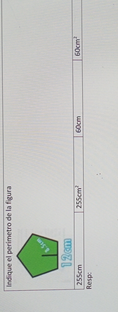 Indique el perímetro de la figura
12cm
255cm 255cm^2 60cm
60cm^2
Resp: