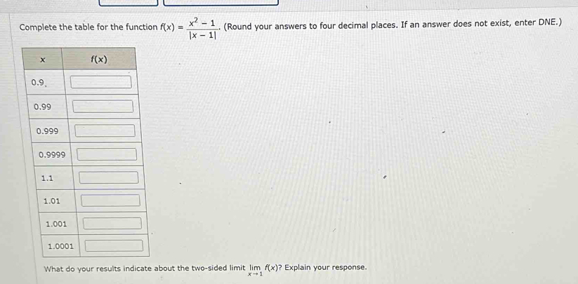 Complete the table for the function f(x)= (x^2-1)/|x-1| .. (Round your answers to four decimal places. If an answer does not exist, enter DNE.)
What do your results indicate about the two-sided limit limlimits _xto 1f(x) ? Explain your response.