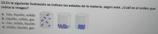 En la siguiente ilustración se indican los estados de la matería, según esta. ¿Cuál es el orden que
indica la imagen?
a. Gas, liquido, solido
b. Líquido, solido, gas
c. Gas, solido, liquido
d. Sólido, liquido, gas