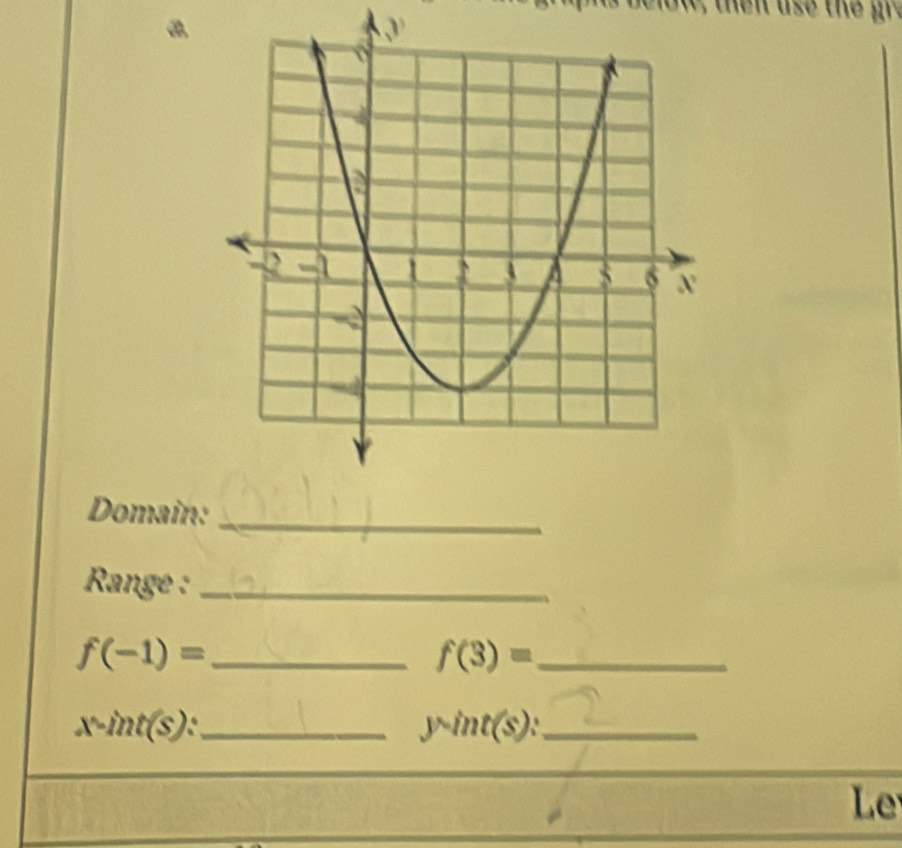 Domain_ 
Range :_ 
_ f(-1)=
f(3)= _
x-int(s) : _ 
_ y-int(s) : 
Le