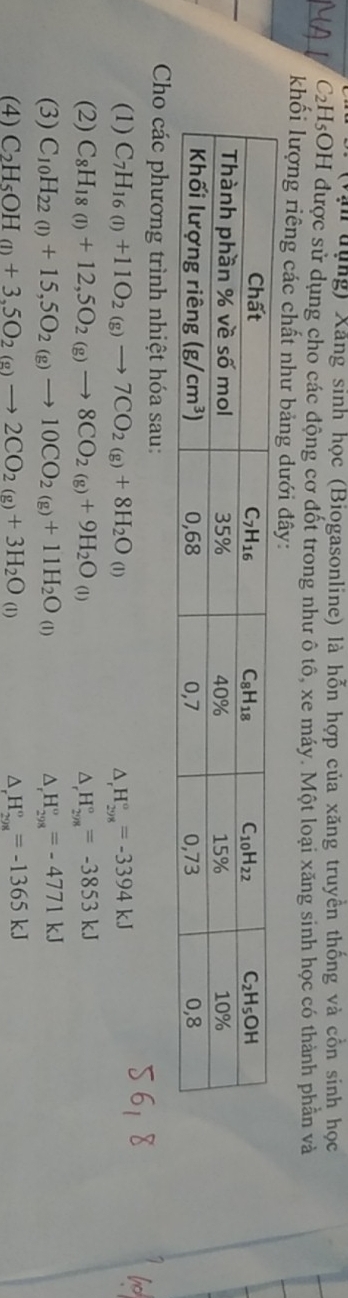 Xăn đụng) Xãng sinh học (Biogasonline) là hỗn hợp của xăng truyền thống và côn sinh học
C2H₅OH được sử dụng cho các động cơ đốt trong như ô tô, xe máy. Một loại xăng sinh học có thành phần và
khối lượng riêng các chất như bảng dưới đây:
Cho các phương trình nhiệt hóa sau:
(1) C_7H_16(l)+11O_2(g)to 7CO_2(g)+8H_2O_(l) △ _rH_(298)°=-3394kJ
(2) C_8H_18(l)+12,5O_2(g)to 8CO_2(g+9H_2O_(l) △ _rH_(298)°=-3853kJ
(3) C_10H_22(l)+15,5O_2(g)to 10CO_2(g)+11H_2O_(l) △ _rH_(298)°=-4771kJ
(4) C_2H_5OHomega +3_5O_2(gto 2CO_2(g)+3H_2O_(l) △ H_(298)°=-1365kJ