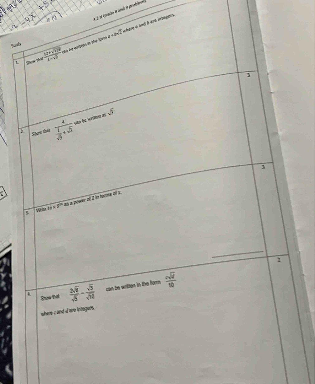 3.2 H Grade 8 and 9 problem
integers
Surd
1