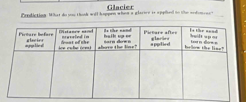 Glacier 
Prediction: What do you think will happen when a glacier is applied to the sediment?_