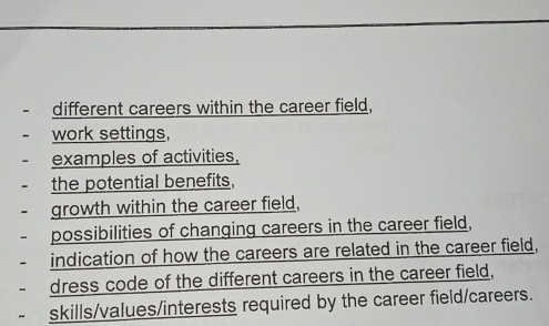 different careers within the career field, 
work settings, 
examples of activities. 
the potential benefits, 
growth within the career field, 
possibilities of changing careers in the career field, 
indication of how the careers are related in the career field, 
dress code of the different careers in the career field, 
skills/values/interests required by the career field/careers.