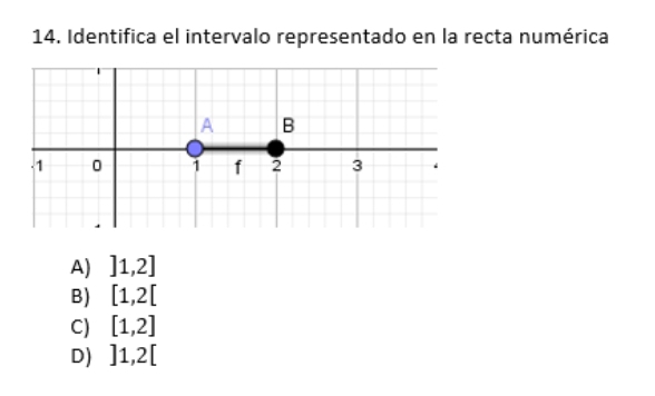 Identifica el intervalo representado en la recta numérica
A) ]1,2]
B) [1,2[
C) [1,2]
D) ]1,2[