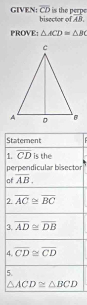 GIVEN: overline CD is the perpe
bisector of overline AB.
PROVE: △ ACD≌ △ BC
S  
1
por
o
2
3
4
5