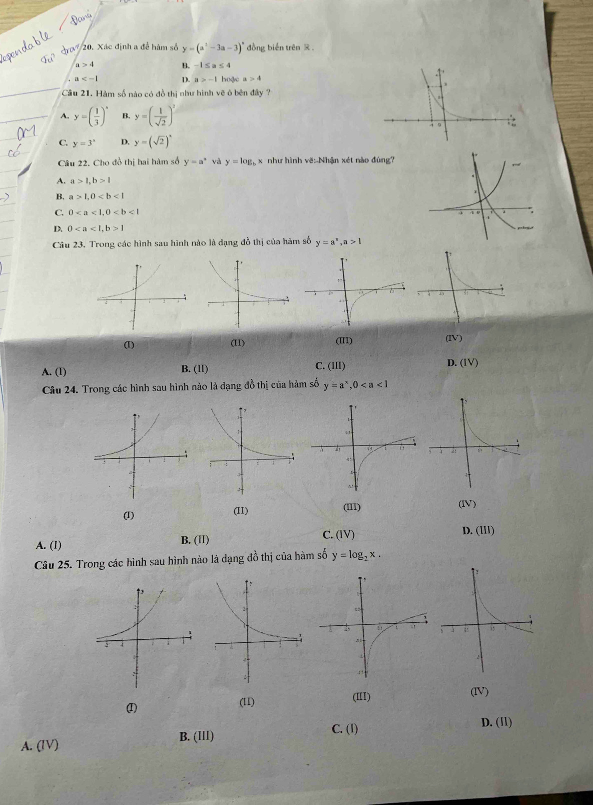 nợ 20. Xác định a để hàm số y=(a^2-3a-3)^x đồng biến trên R.
4u^2
a>4
B. -1≤ u≤ 4
a hoặc a>4
_
D. a>-1
Câu 21. Hàm số nào có đồ thị như hình vẽ ở bên đây ?
_A. y=( 1/3 )^x B. y=( 1/sqrt(2) )^2
C. y=3^x D. y=(sqrt(2))^x
Câu 22. Cho đồ thị hai hàm số y=a^* và y=log x như hình vẽ: Nhận xét nào đúng?
A. a>1, b>1
B. a>1, 0
C. 0, 0
D. 0, b>1
Câu 23. Trong các hình sau hình nào là dạng đồ thị của hàm số y=a^x, a>1
(I) (II)
(II) (IV)
A. (I) B. (lI) C. (III) D. (IV) 
Câu 24. Trong các hình sau hình nào là dạng đồ thị của hàm số y=a^x, 0
(I)
(II) (IV)
C. (IV)
D. III
A. (I)
B. (Il)
Câu 25. Trong các hình sau hình nào là dạng đồ thị của hàm số y=log _2x. 
(II) (IV)
(I) (II)
D. (ll)
B. (III)
C. (I)
A. (IV)