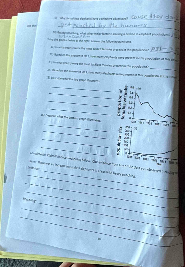 Why do tuskless elephants have a selective advantage?_ 
Ulse the f 
_ 
_ 
10) Besides poaching, what other major factor is causing a decline in elephant populations? 
Using the graphs below at the right, answer the following questions. 
_ 
11) In what year(s) were the most tusked females present in this population? 
12) Based on the answer to Q11, how many elephants were present in this population at this times 
_ 
13) In what year(s) were the most tuskless females present in this population? 
14) Based on the answer to Q13, how many elephants were present in this population at this time 
15) Describe what the top graph illustrates. 
_ 
_ 
_ 
_ 
_ 
16) Describe what the bottom graph illustrates.
300 (d)
250
200
_:_ so
150
100
。 
1931 1941 1951 1961 1971 Year 1
Complete the Claim-Evidence-Reasoning below. Cite evidence from any of the data you observed including 
Evidence: 
_ 
Claim: There was an increase in tuskless elephants in areas with heavy poaching. 
_ 
_ 
_ 
Reasoning: 
_ 
_
86