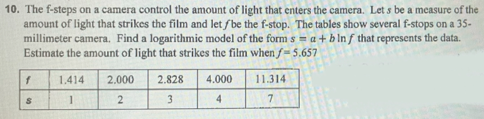 The f -steps on a camera control the amount of light that enters the camera. Let s be a measure of the 
amount of light that strikes the film and let / be the f -stop. The tables show several f -stops on a 35-
millimeter camera. Find a logarithmic model of the form s=a+bln f that represents the data. 
Estimate the amount of light that strikes the film when f=5.657