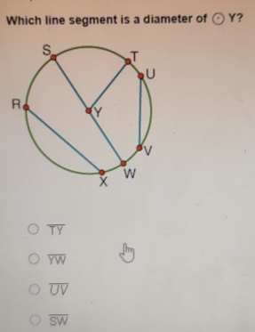 Which line segment is a diameter of odot Y ?
overline TY
overline YW
overline UV
overline SW