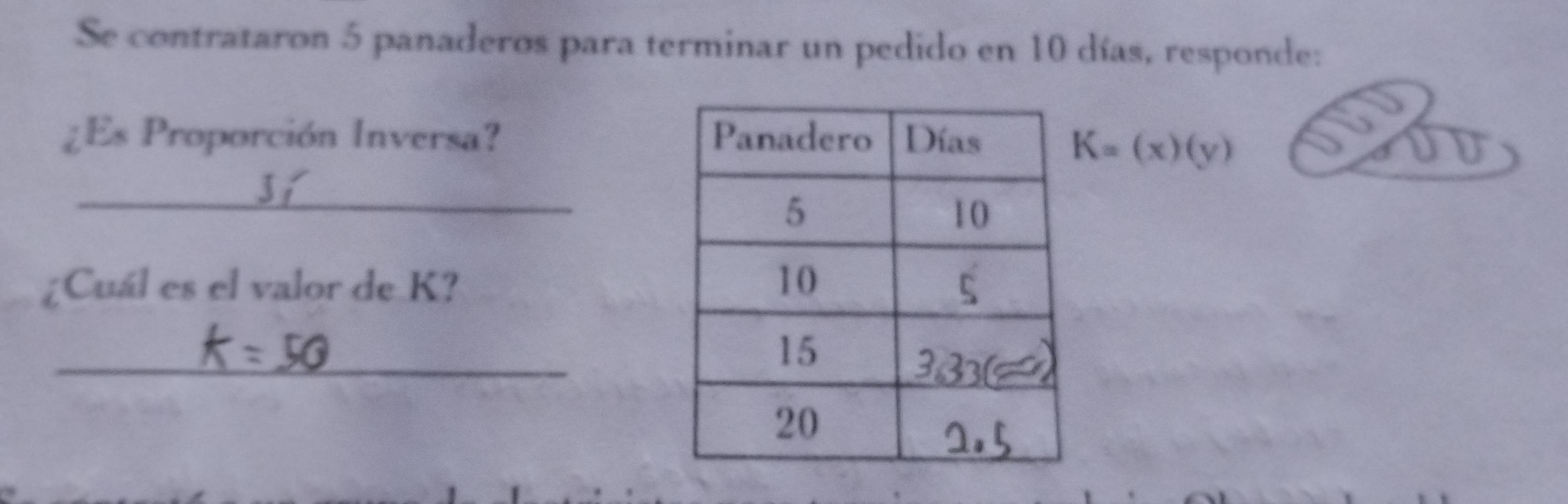 Se contrataron 5 panaderos para terminar un pedido en 10 días, responde: 
¿Es Proporción Inversa?
K=(x)(y)
_ 
¿Cuál es el valor de K? 
_