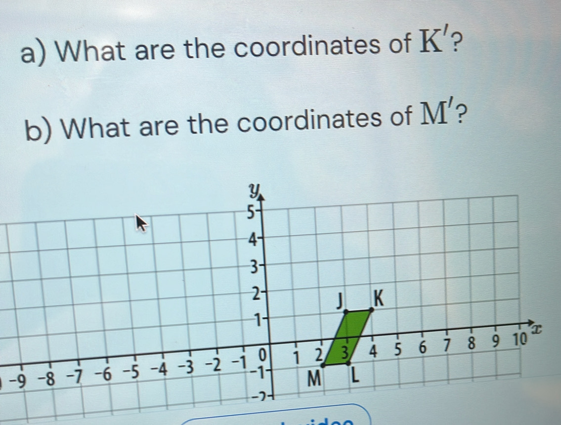 What are the coordinates of K' ? 
b) What are the coordinates of M' ?
-9