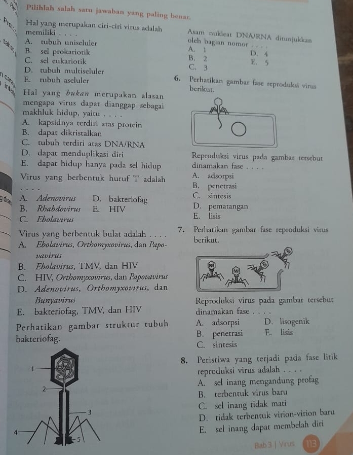 Pilihlah salah satu jawaban yang paling benar.
Hal yang merupakan ciri-ciri virus adalah Asam nukleat DNA/RNA ditunjukkan
memiliki . . . .
oleh bagian nomor
A. tubuh uniseluler A. 1 D. 4
tahar B. sel prokariotik B. 2 E. 5
C. sel eukariotik C. 3
D. tubuh multiseluler 6. Perhatikan gambar fase reproduksi virus
E. tubuh ascluler
cara int Hal yang bukan merupakan alasan
berikut.
mengapa virus dapat dianggap sebagai
makhluk hidup, yaitu . . . .
A. kapsidnya terdiri atas protein
B. dapat dikristalkan
C. tubuh terdiri atas DNA/RNA
D. dapat menduplikasi diri Reproduksi virus pada gambar tersebut
E. dapat hidup hanya pada sel hidup dinamakan fase . . . .
Virus yang berbentuk huruf T adalah A. adsorpsi
B. penetrasi
g dise
A. Adenovirus D. bakteriofag C. sintesis
B. Rhabdovirus E. HIV
D. pematangan
C. Ebolavirus E. lisis
Virus yang berbentuk bulat adalah . . . . 7. Perhatikan gambar fase reproduksi virus
A. Ebolavirus, Orthomyxovirus, dan Papo- berikut.
vavirus
B. Ebolavirus, TMV, dan HIV
C. HIV, Orthomyxovirus, dan Papovavirus
D. Adenovirus, Orthomyxovirus, dan
Bunyavirus Reproduksi virus pada gambar tersebut
E. bakteriofag, TMV, dan HIV dinamakan fase . . . .
Perhatikan gambar struktur tubuh A. adsorpsi D. lisogenik
bakteriofag. B. penetrasi E. lisis
C. sintesis
8. Peristiwa yang terjadi pada fase litik
reproduksi virus adalah . . . .
A. sel inang mengandung profag
B. terbentuk virus baru
C. sel inang tidak mati
D. tidak terbentuk virion-virion baru
E. sel inang dapat membelah diri
Bab 3 | Virus