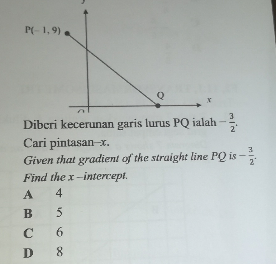 Diberi kecerunan garis lurus PQ ialah - 3/2 .
Cari pintasan—x.
Given that gradient of the straight line PQ is - 3/2 .
Find the x -intercept.
A 4
B 5
C 6
D 8