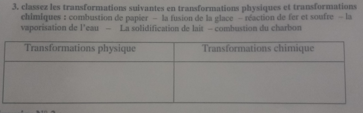 classez les transformations suivantes en transformations physiques et transformations 
chimiques : combustion de papier - la fusion de la glace - réaction de fer et soufre - la 
vaporisation de l’eau — La solidification de lait - combustion du charbon