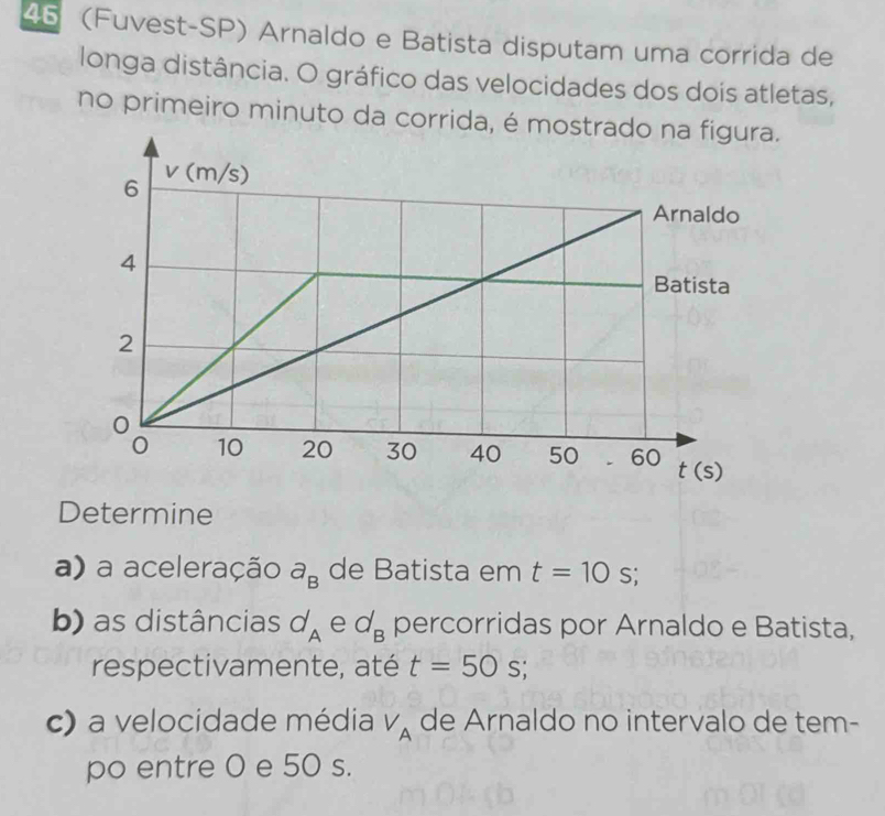 45 (Fuvest-SP) Arnaldo e Batista disputam uma corrida de
longa distância. O gráfico das velocidades dos dois atletas,
no primeiro minuto da corrida, é mos
Determine
a) a aceleração a_B de Batista em t=10s.
b) as distâncias d_A e d_B percorridas por Arnaldo e Batista,
respectivamente, até t=50 S;
c) a velocidade média V_A de Arnaldo no intervalo de tem-
po entre 0 e 50 s.